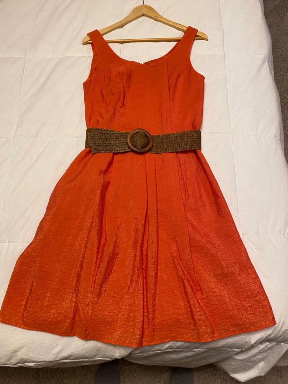 Chaps Bright Orange Sleeveless Fit-and-Flare Dress with Woven Belt